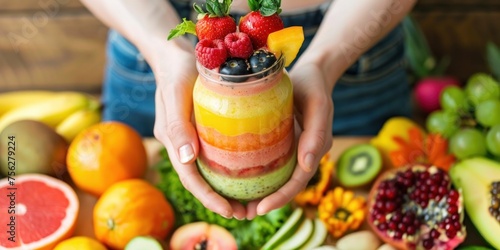 hands holding a glass jar with fruit shakes surrounded by fresh fruits and vegetables on a wooden stand.