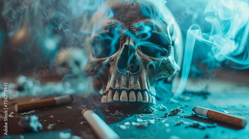 Skull of a human smoke with cigarettes and smoke