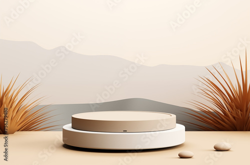 beige podium background with abstract simple palm leaf and circle platform for product presentation, mock up, minimalistic style, in the style of simple palm leaf, circle platform and mountain.