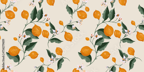 Abstract artistic branches with lime and lemon, leaves, tiny buds seamless pattern on a light background. Vector hand drawn. Summer citrus fruits illustration for print. Template for design, textile