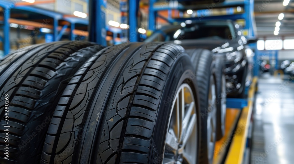Fototapeta premium Car maintenance and care services Tires in a car repair center Tire distributor customers