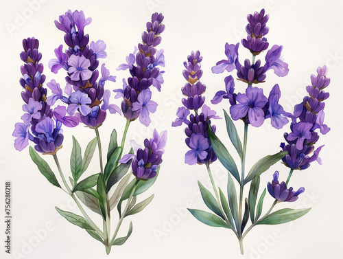 Lavender Stalks in Simple Watercolor on White Background