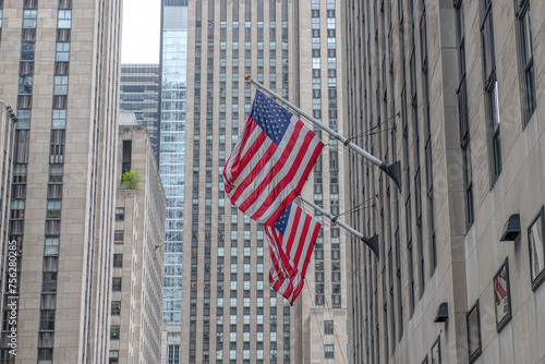 Skyscraper and American flag in New York