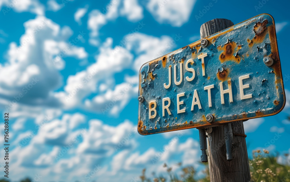 JUST BREATHE sign against a backdrop of fluffy clouds in a clear blue sky, offering a calming reminder in the simplicity of nature