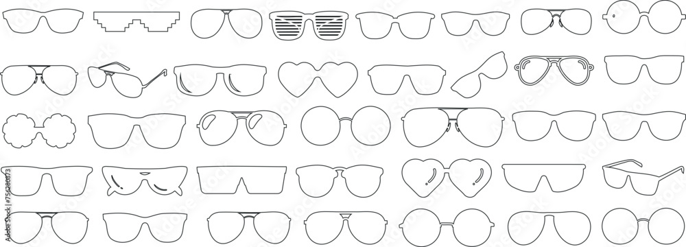 Fototapeta premium Sunglasses, eyewear collection, black silhouettes, white background. Fashion, style, accessory. Optical, summer protection, trendy designs. Aviators, wayfarers, round glasses. Classic, modern styles