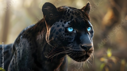 Beautiful black panther with blue eyes on the background of nature