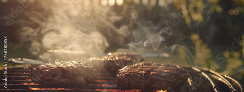 Summer grilling burgers cooking on a BBQ grill smoke