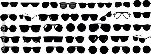 Sunglasses, eyewear collection, black silhouettes, white background. Fashion, style, accessory. Optical, summer protection, trendy designs. Aviators, wayfarers, round glasses. Classic, modern styles photo