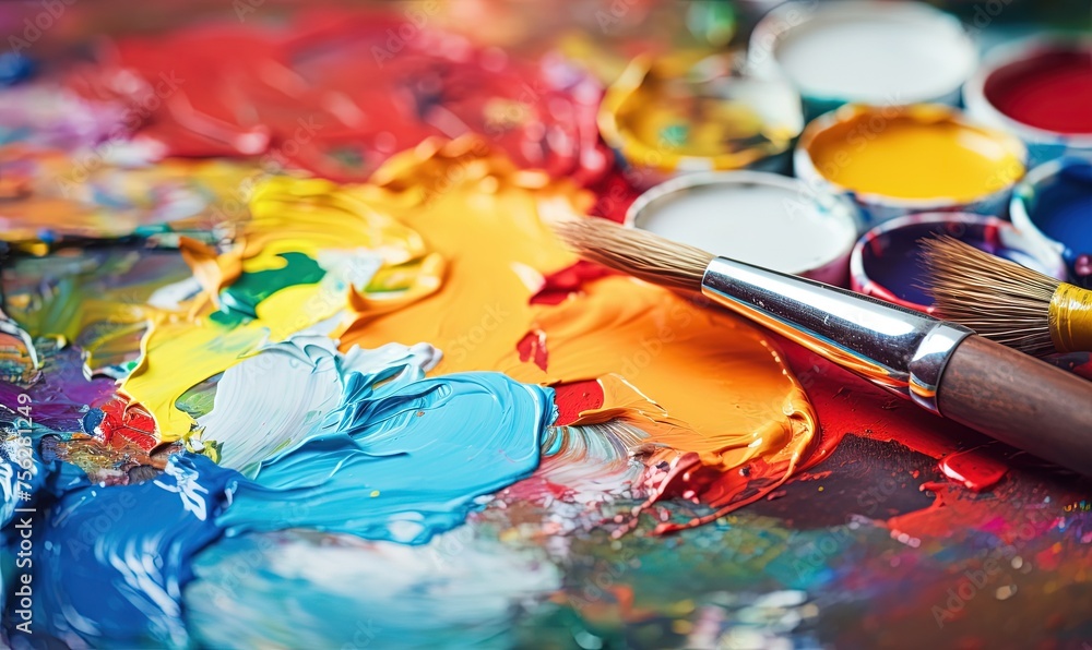 a close up of paint and a brush on a table