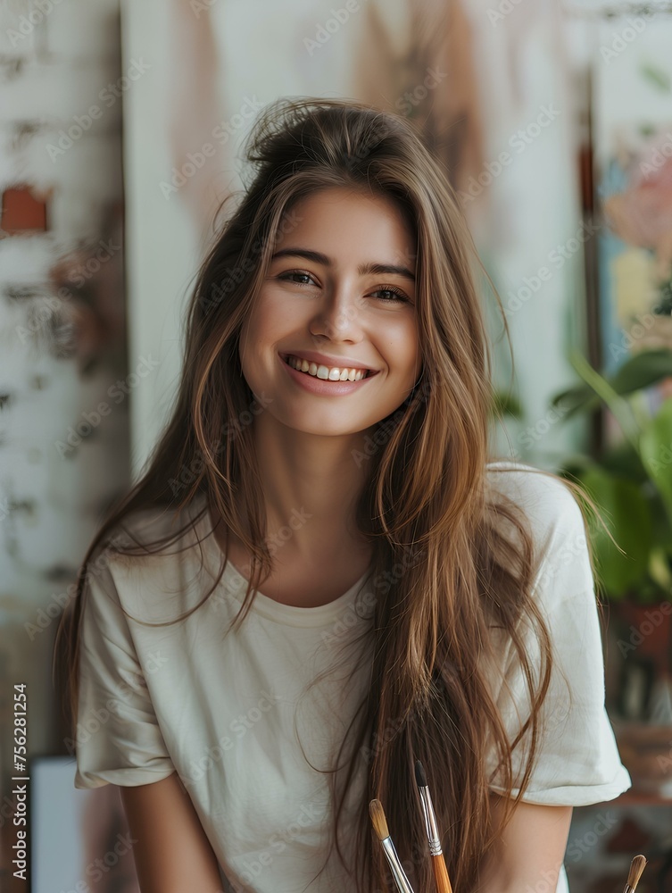 A smiling woman with long hair in a t-shirt and holding painting brush, with a minimalistic aesthetic and neutral color palette against a art studio background with soft lighting. generative AI