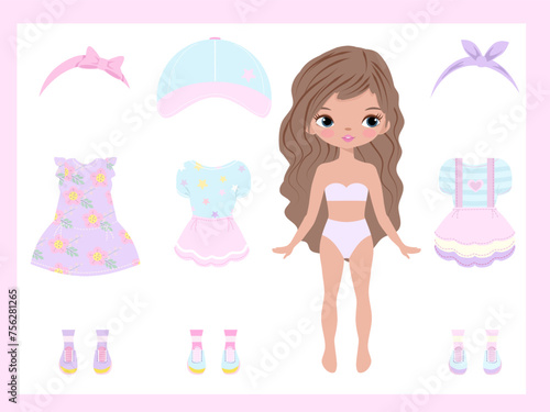 Paper doll clothes. Cute girl with clothes.clothes set, collection. Stickers dress up. Vector illustration. Doll for children play, toy, game. Cutouts. Fashion girl with dresses. Printable