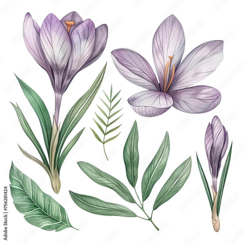 Colorful spring crocuses in watercolor, showcasing detailed botanical illustrations, ideally isolated against a transparent background - obrazy, fototapety, plakaty 