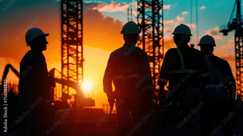 Silhouettes of a group of male engineers wearing hard hats and engineering uniforms Construction project management sunset