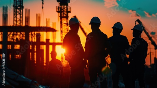 Silhouettes of a group of male engineers wearing hard hats and engineering uniforms Construction project management sunset © ORG