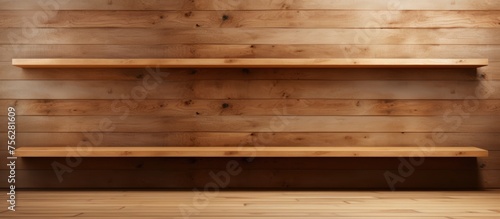 Empty wooden shelves for product display