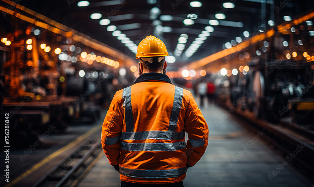 Industrial engineer in high visibility jacket and safety helmet standing confidently overseeing operations in a busy manufacturing plant with machinery Industrial engineer in high visibility jacket and safety helmet standing confidently overseeing operations in a busy manufacturing plant with machinery