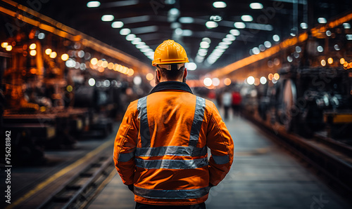 Industrial engineer in high visibility jacket and safety helmet standing confidently overseeing operations in a busy manufacturing plant with machinery