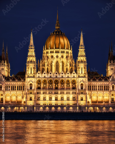 Stunning night view of the illuminated Hungarian Parliament Building.