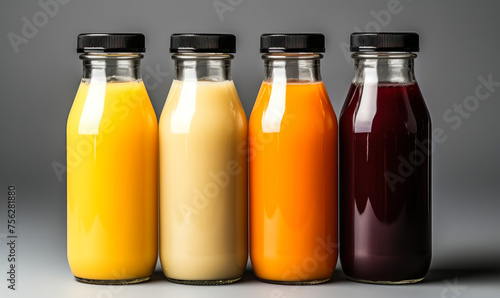 Four assorted fresh fruit juices in glass bottles with black caps on a neutral background, representing healthy dietary choices and natural beverages