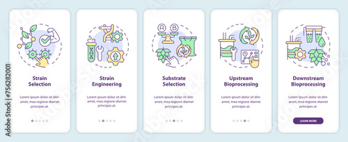 Precision fermentation structure onboarding mobile app screen. Walkthrough 5 steps editable graphic instructions with linear concepts. UI, UX, GUI template. Myriad Pro-Bold, Regular fonts used