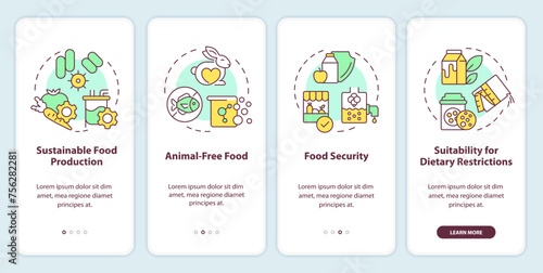 Precision fermentation advantages onboarding mobile app screen. Walkthrough 4 steps editable graphic instructions with linear concepts. UI, UX, GUI template. Myriad Pro-Bold, Regular fonts used