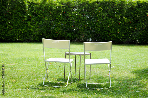Two lawn chairs in a garden.