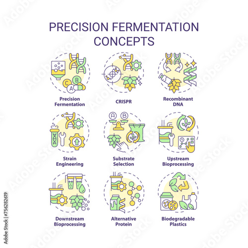 Precision fermentation multi color concept icons. Food genetic modification. Artificial selection, synthetic biology. Icon pack. Vector images. Round shape illustrations for article. Abstract idea