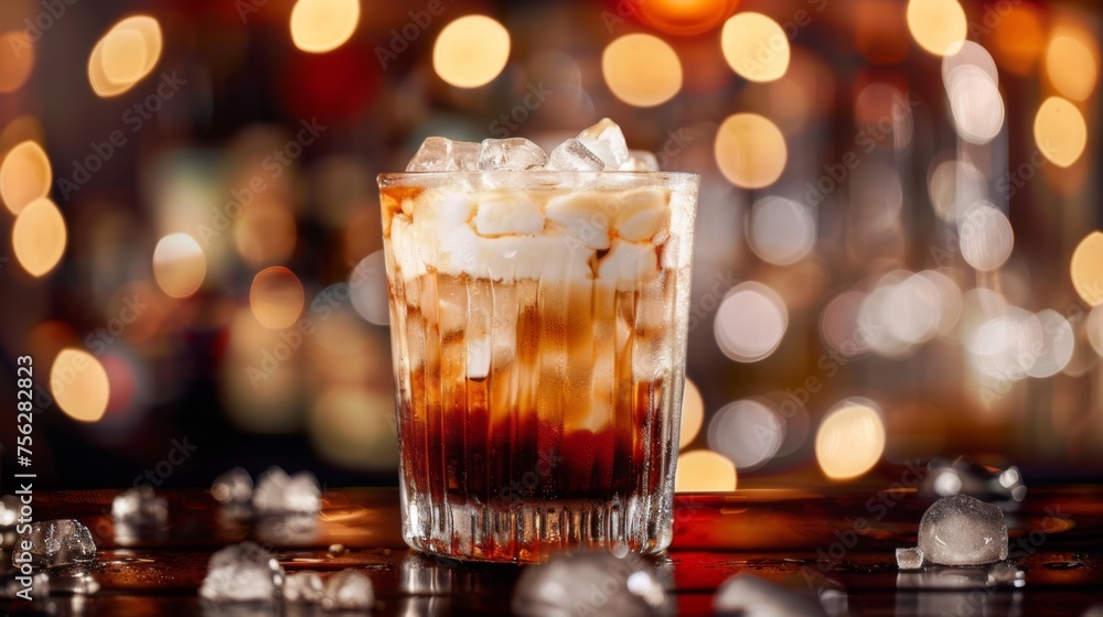 White Russian cocktail on bar background. Glass of alcoholic drink