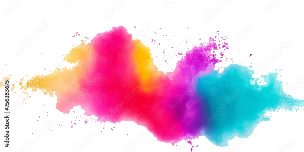 Bright colorful powder paint  splash splatter stain brush strokes on white background. Modern vibrant aquarelle spot. Rainbow trendy isolated design on white. Element. Vector watercolor illustration.	