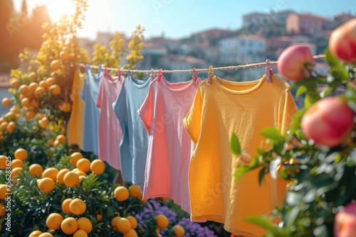 On a sunny day in a suburban backyard, brightly colored T-shirts hang on a clothesline strung between citrus trees. © photolas