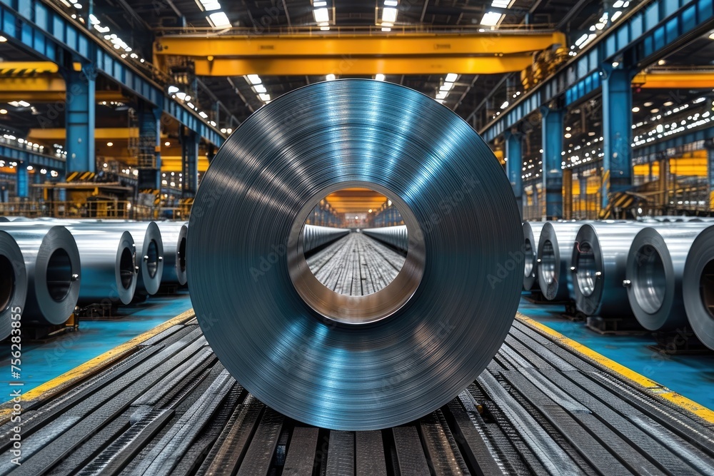 Fototapeta premium Gleaming Steel Coils Poised for Industrial Mastery in a Modern Manufacturing Plant.