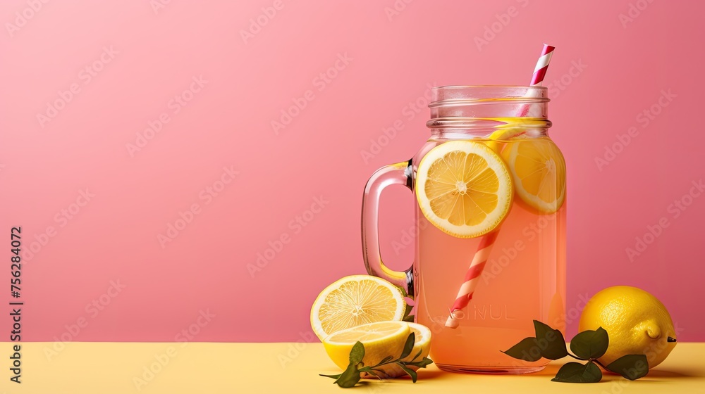 Fototapeta premium Cold lemonade on pink. Generative AI