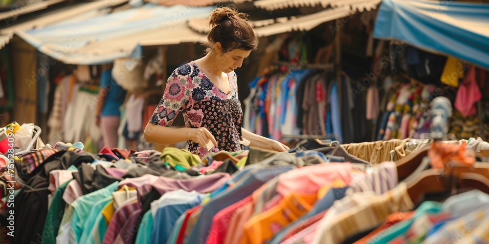 Obraz premium Female browsing garments at a secondhand market.