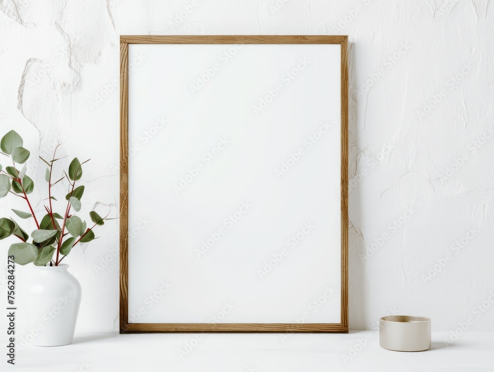 white this wooden picture frame on a white wall with a green plant, mockup, template white this wooden picture frame on a white wall with a green plant, mockup, template