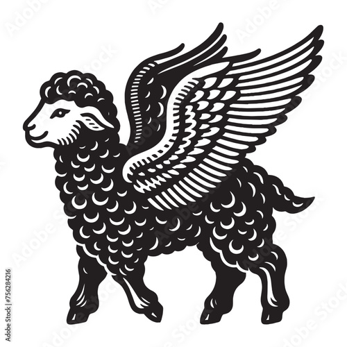 Flying little lamb with wings. Ram. Old vintage engraving illustration. Hand drawn outline graphic. Logo, emblem, icon. Isolated object, cut out. black and white	