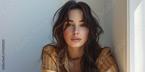 A youthful dark-haired female posing alone on a blank backdrop.