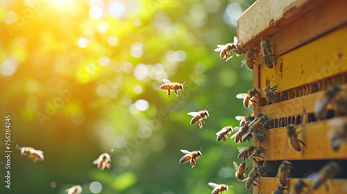 Close up of flying bees. Wooden beehive and bees.