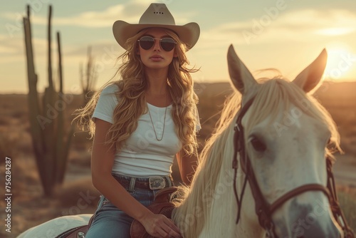 A stylish woman adorned with a wide-brimmed hat and sunglasses rides a majestic white horse in the golden light of a desert sunset. © photolas