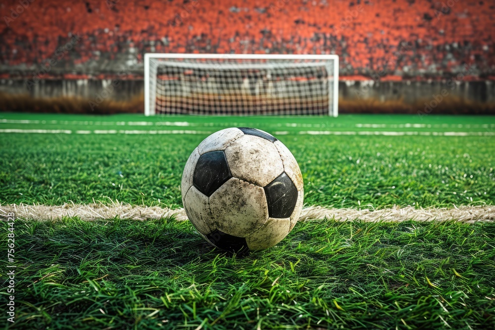 A worn soccer ball sits on the lush green turf of a soccer field, with an empty goal net looming in the soft light of the evening.