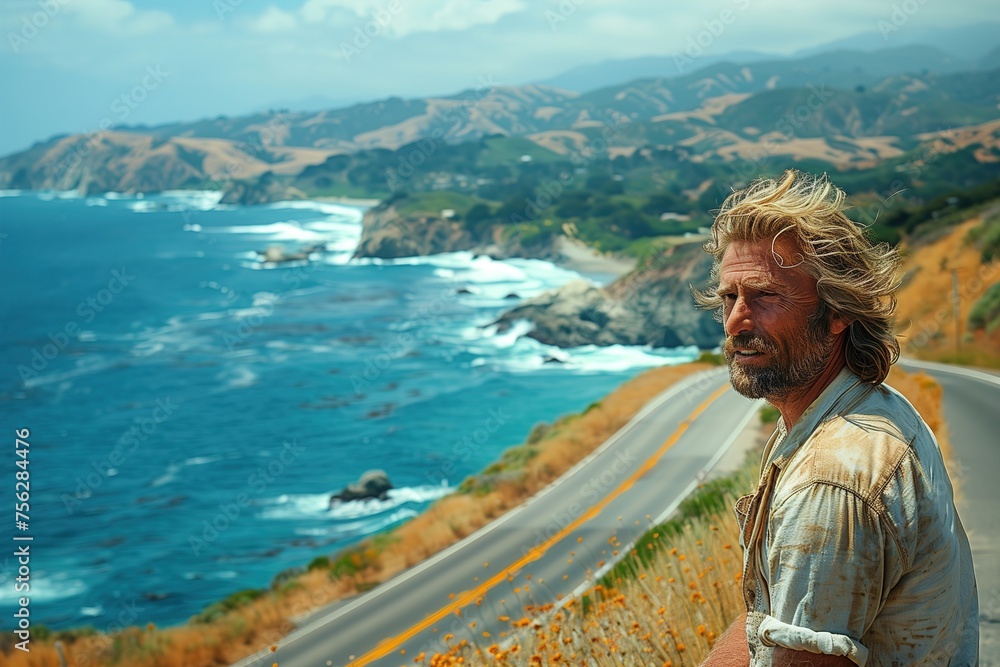 Fototapeta premium Man Standing by Road Next to Ocean