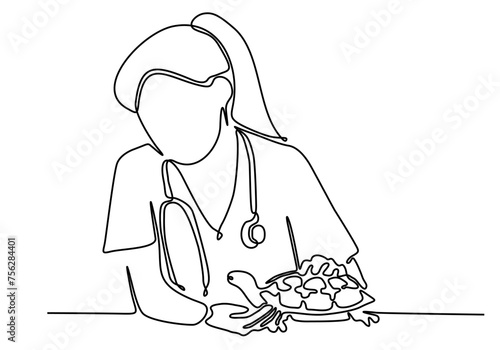 continuous line art of veterinarian caring for turtle