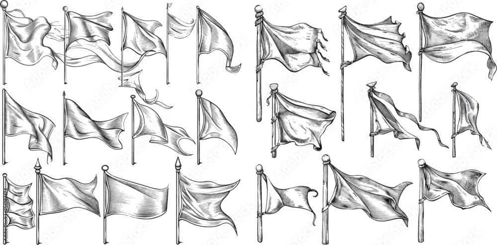 Flagpoles with various pennants, pins for map or destination pointer