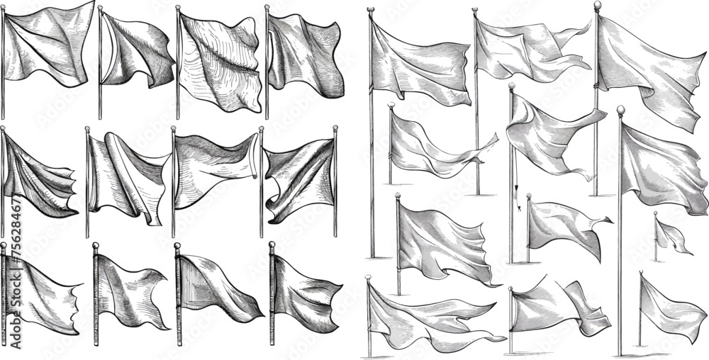 Hand drawn flags. Sketch waving fabric on pole, different flag engraving shapes with waves - obrazy, fototapety, plakaty 
