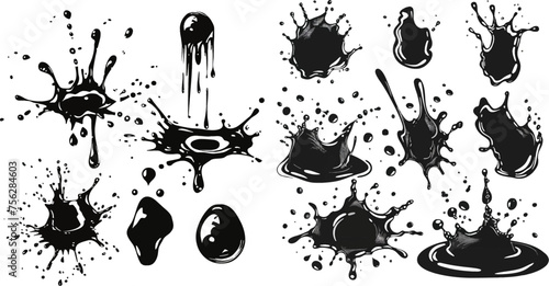 Water drops shapes  liquid burst splashes and ink blot hand drawn vector set