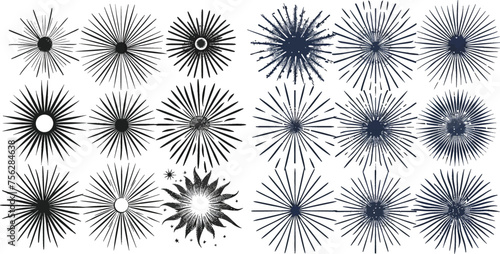 Bursting explosion lines vector isolated icon set. Sunshine radial, starburst linear illustration