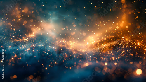 background with specs of gold and shiny bokeh stars on a windy blue surface photo