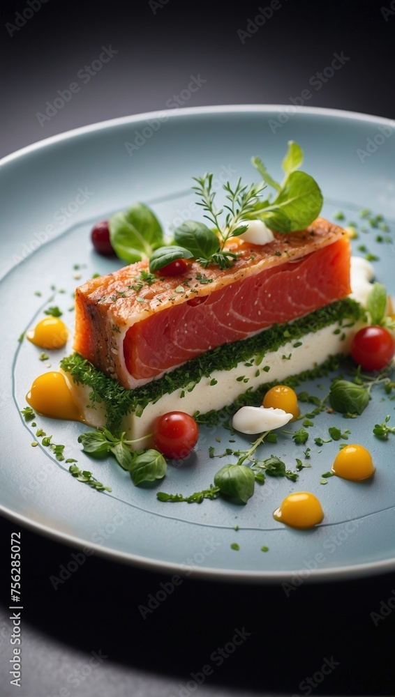 Steak of red fish fillets, cream cheese, cherry tomatoes and greens. Steak of red fish fillets, cream cheese, cherry tomatoes and greens.