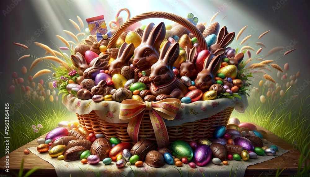 Naklejka premium Easter Gift Basket filled with Chocolate Easter Bunnies and Easter Eggs