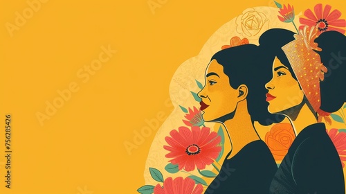 Illustration von Frauen mit Blumen auf gelbem Hintergrund, freier Platz für Text 