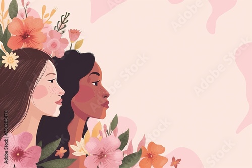 Illustration von Frauen zwischen Blumen, freier Platz für Text  photo